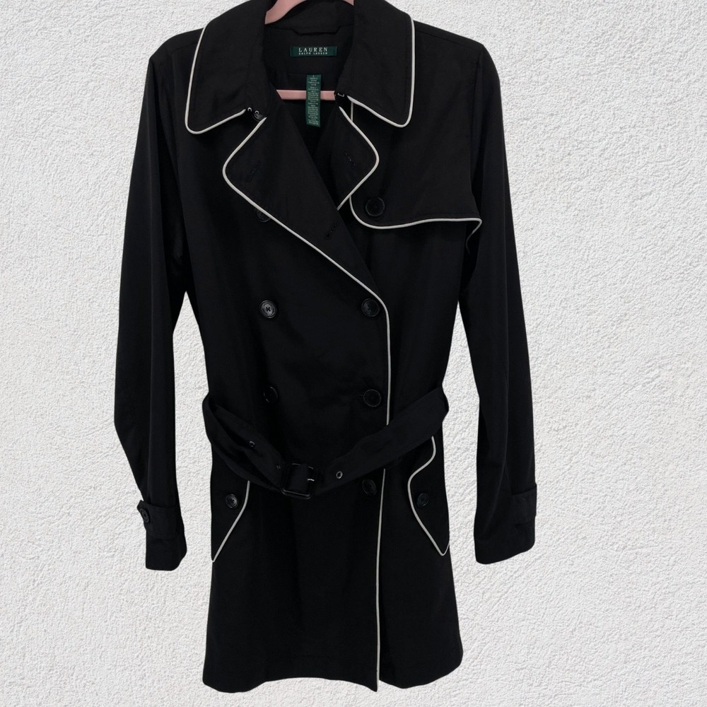 Lauren Ralph Lauren Black Trench Coat White Piping Belted Women L‎ Classic Paris